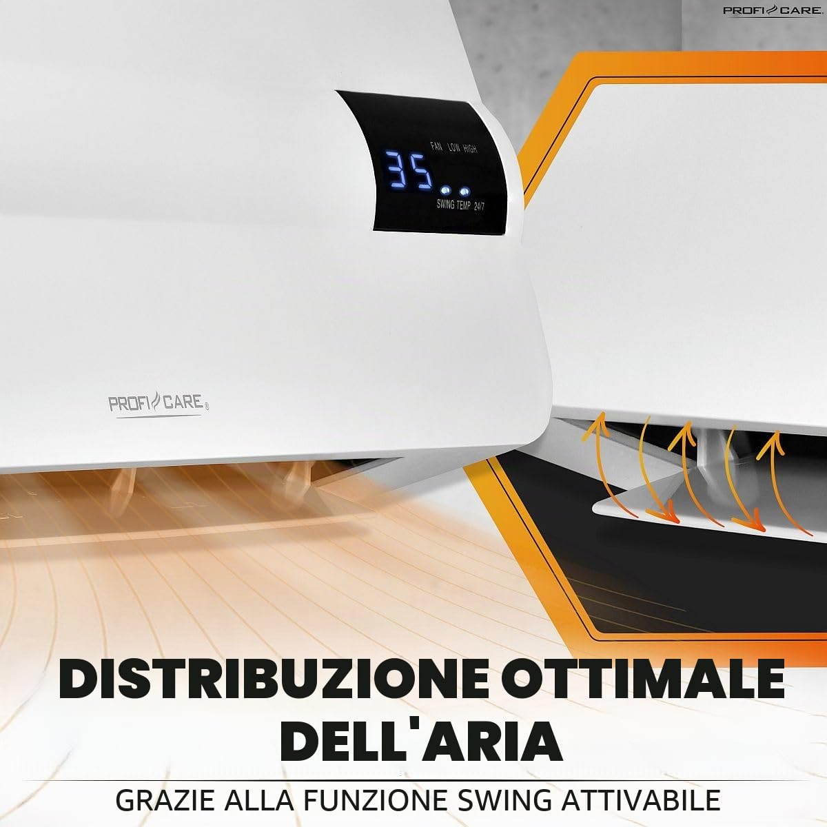 ProfiCare® Termoventilatore da parete con rilevamento aperto, radiatore fino a 60 mq, riscaldamento elettrico per montaggio a parete, con materiale di montaggio, riscaldamento con cavo da 1,5 m,