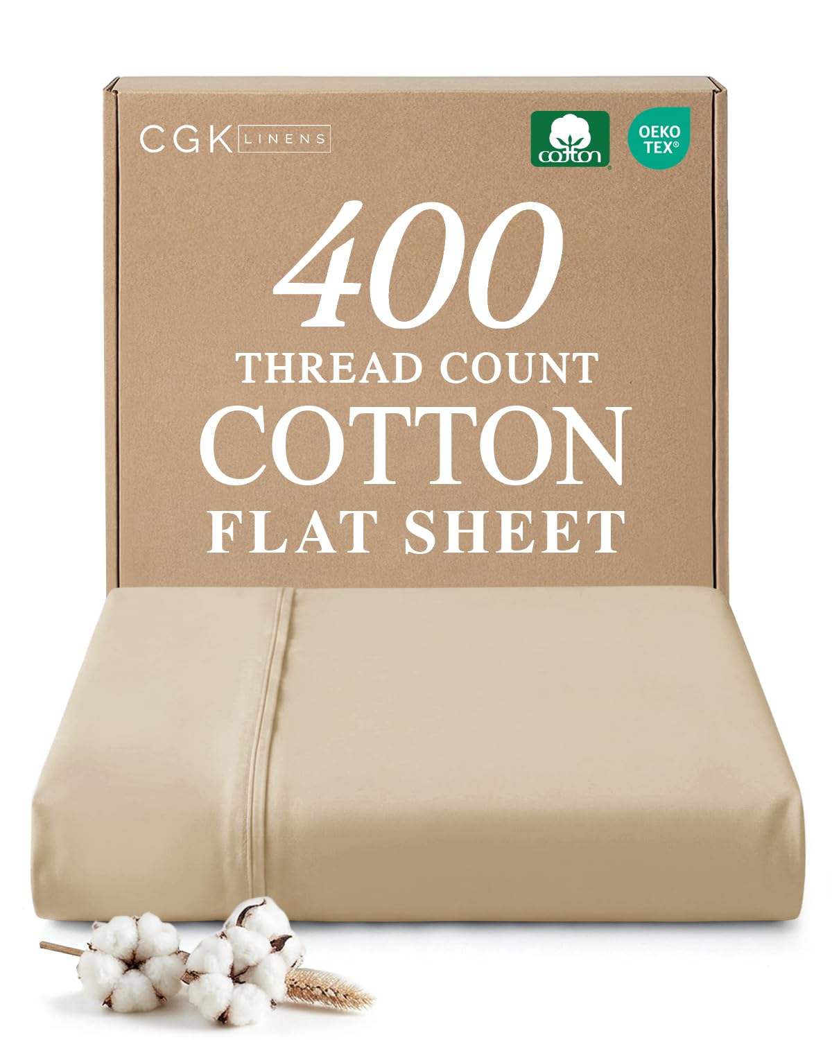 cal king 400 thread count 100% cotton flat sheet - comfortable, cooling & breathable cotton - top flat sheet only - luxury hotel quality bedding - extra soft & comfy - easy care, wrinkle free - cream