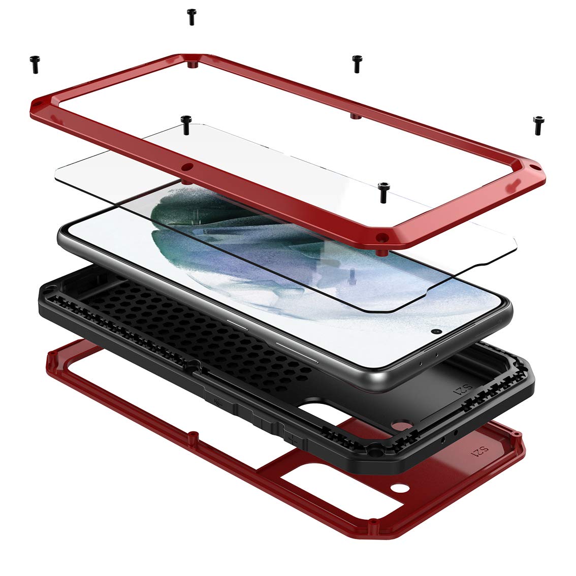 Marrkey Metal Case for Galaxy S21 Case,Full Body Protective Cover Heavy Duty Shockproof Tough Armour Aluminum Alloy Case with Silicone Built-in Screen Protector - Red