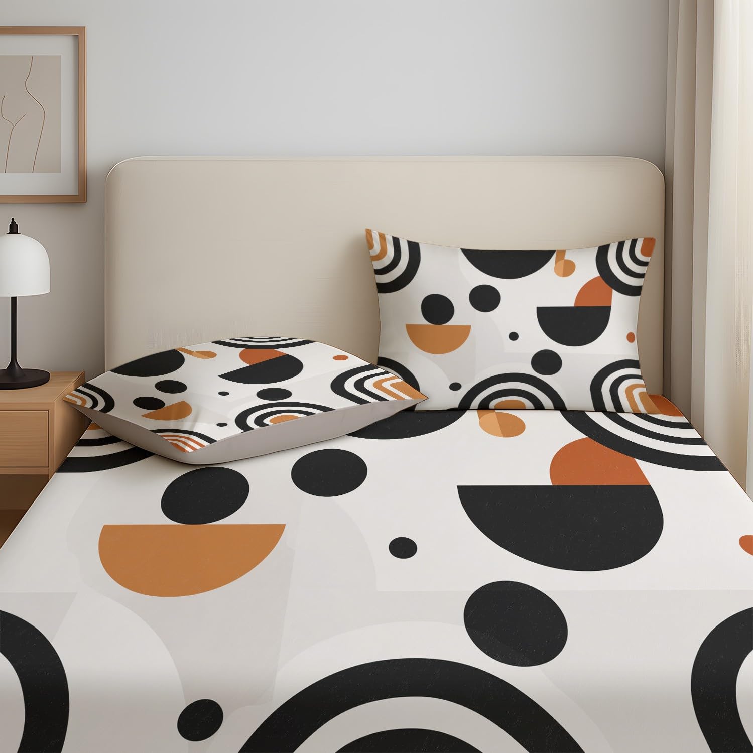 Abstrakt Geometrisch Spannbetttuch Böhmisch Kreis Bogen Linie Spannbettlaken 140 x 200 x 30 cm 3teilig Mikrofaser Bettwäsche Set mit 2 Kissenbezüge 80 x 80 cm Kein Flachbettlaken