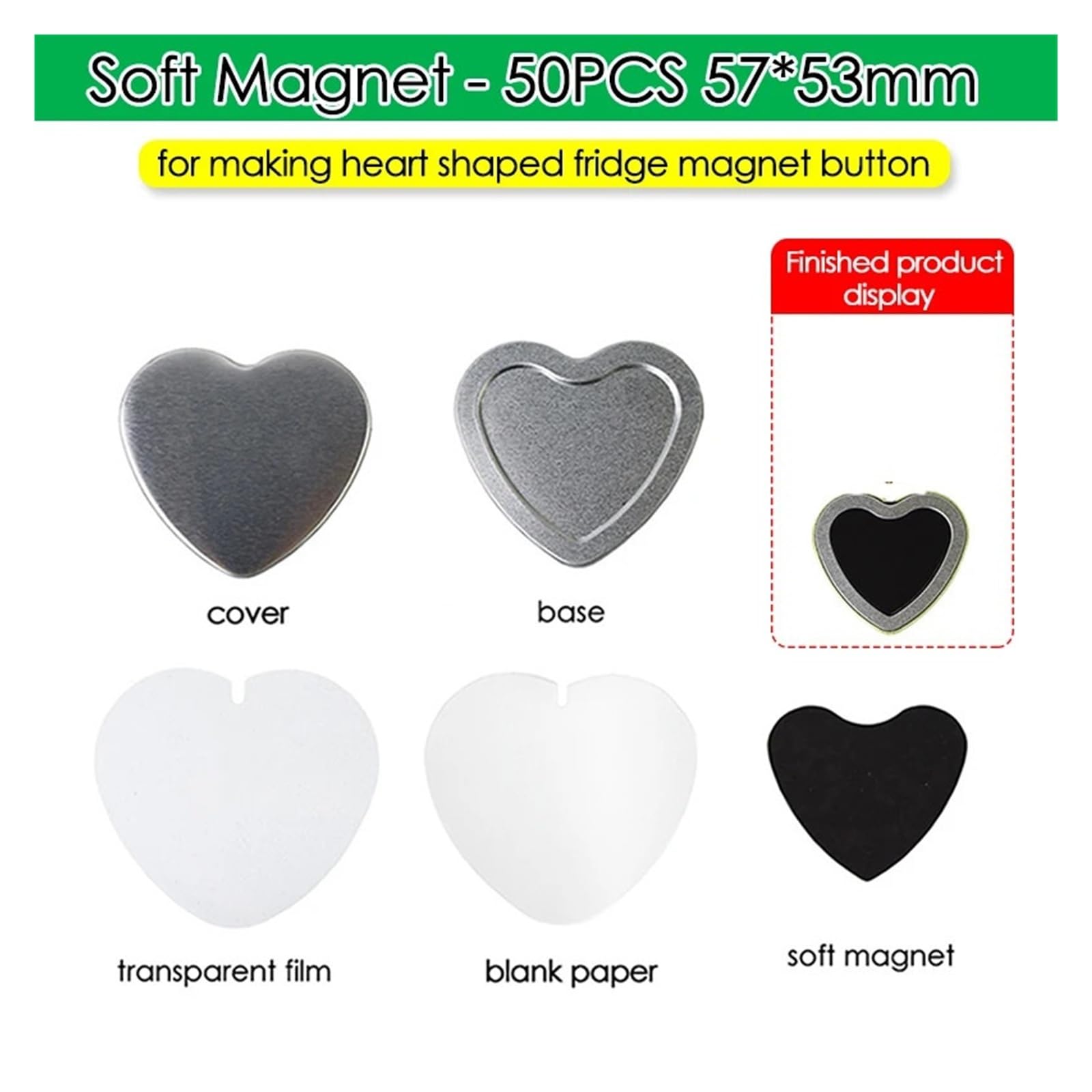 Lot de 100 badges en métal en forme de cœur, 57 x 53 mm, for fabrication de badges, aimants et épingles Compatible