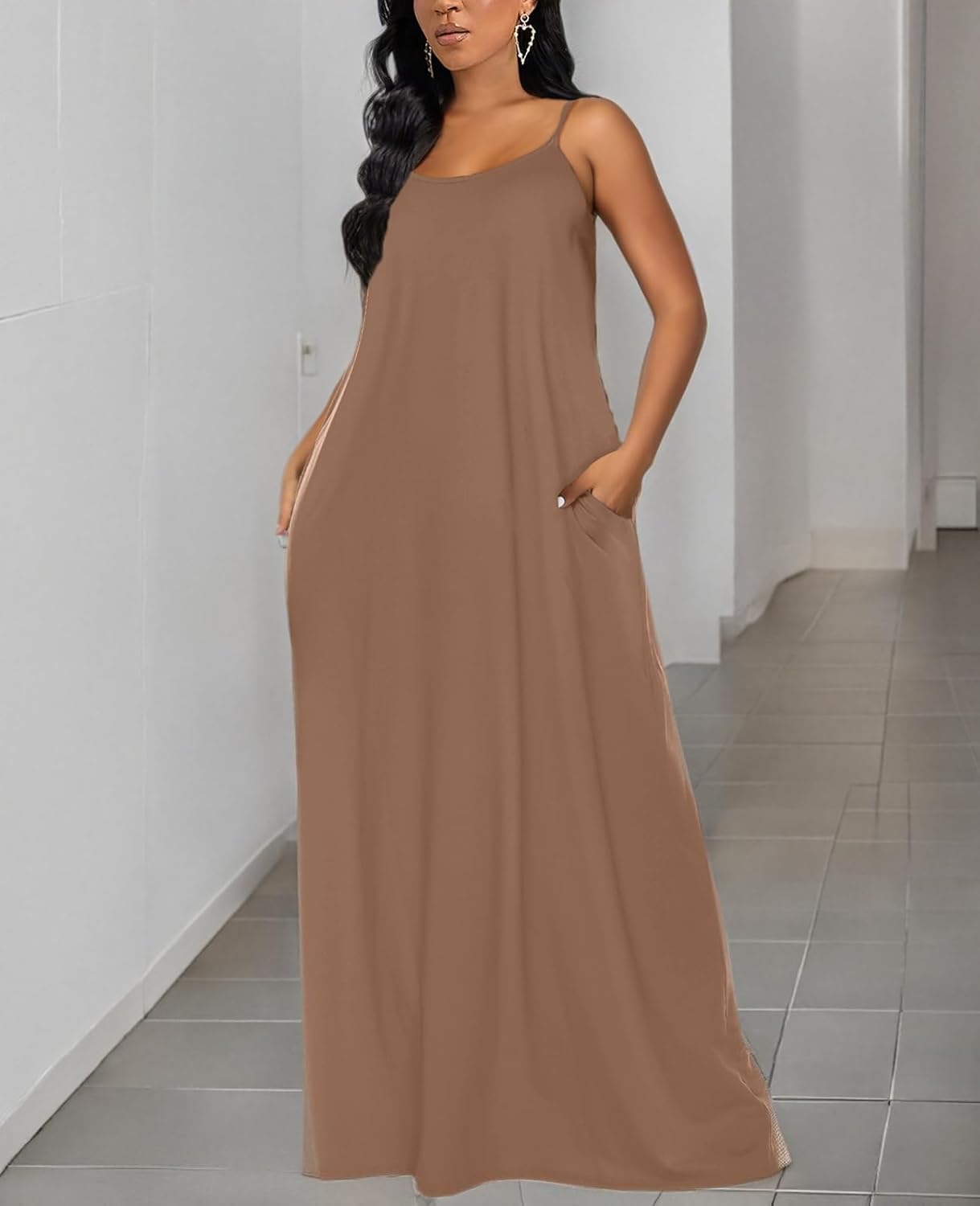 OFEEFAN Women's Maxi Dresses Summer Spaghetti Strap Dress with Pockets - Image 6