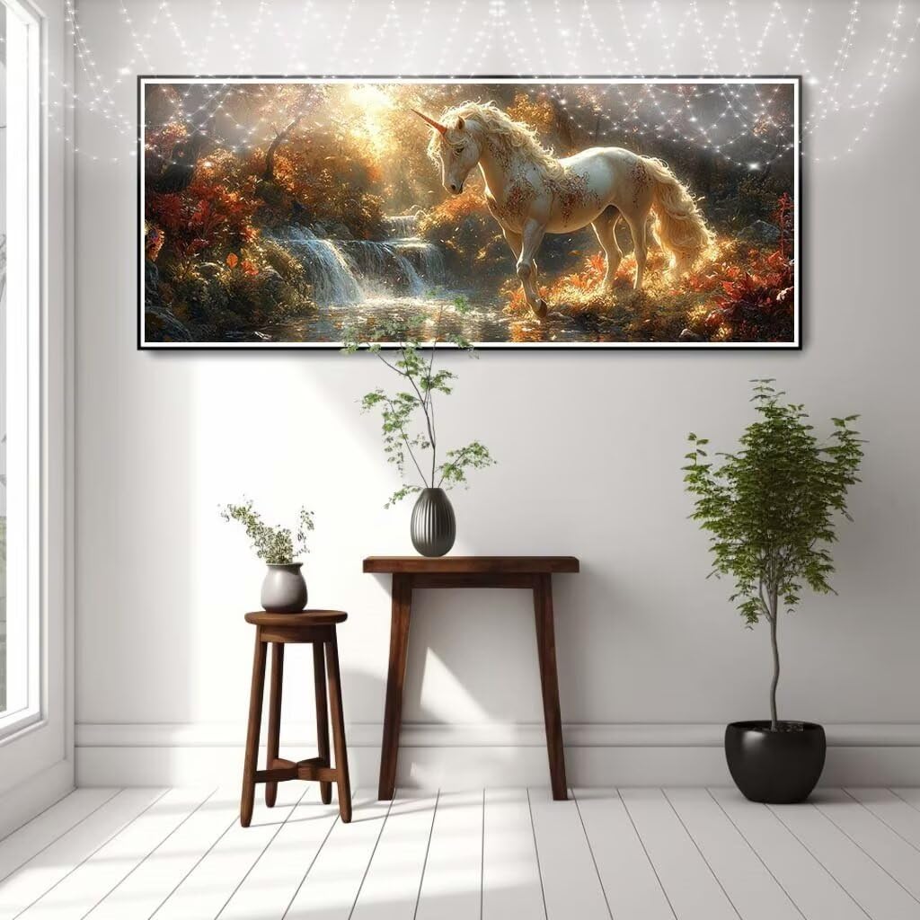 Malarstwo diamentowe 5D, dla dorosłych, biały jednorożec, wodospad, obraz "zrób to sam", obraz do malowania diamentami dla dzieci (80 x 200 cm), zestaw do haftu diamentowego, zestaw do malowania, do