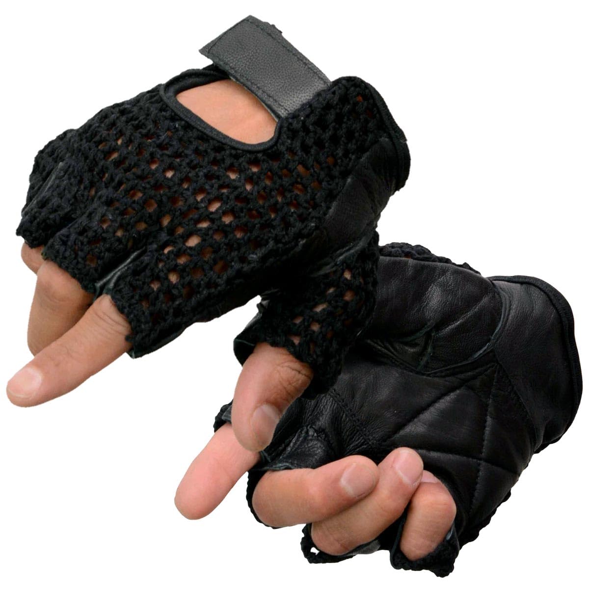 Milwaukee Leather SH219 Mens Black Leather and Mesh Fingerless Gloves w Padded Palm