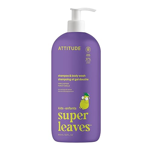 ATTITUDE Champú y gel de baño para niños, limpiador de cabello y cuerpo verificado por EWG, jabón dermatológicamente probado, productos de baño a