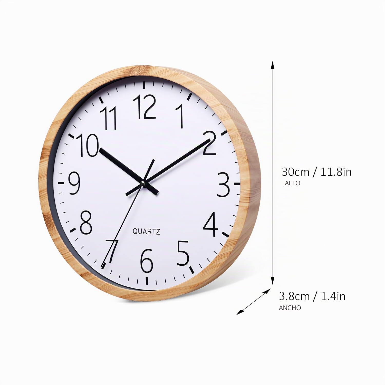 NUOVO Reloj de pared redondo de madera de imitación de 30 cm, salón, dormitorio, cocina, silencioso, sin tic-tac, reloj de pared retro minimalista moderno (30 cm 12 pulgadas)