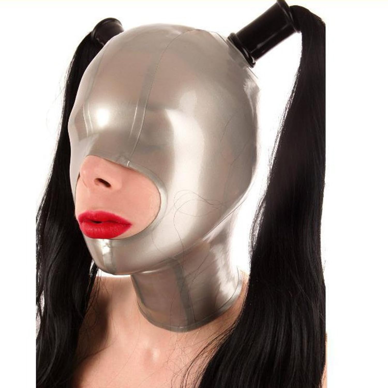 WXLPCGO Latex Hood BDSM Latex Head Cover with Double Ponytail Exposed Mouth Back Zipper for Unisex Cosplay Club Wear(Size:XL-70CM)