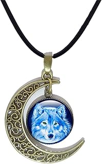 Antique Wolf Necklace for Boys Moon Norse Viking Wolf Head Pendant Wolf Time Gem Necklace, Celtic Wolf Totem Amulet Necklace, Punk Animal Wolf Jewelry Gift for Men