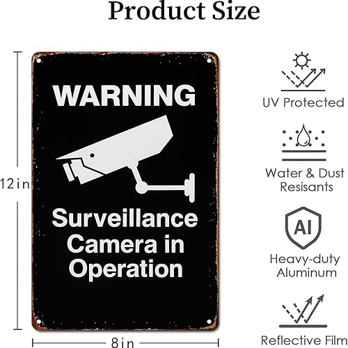 Miniatura 2 de Warning Surveillance Camera Funny Wall Decor Retro Metal Sign Poster for Garage Man Cave Bathroom Bedroom Farm Inspirational Popular Wall Art 8x12