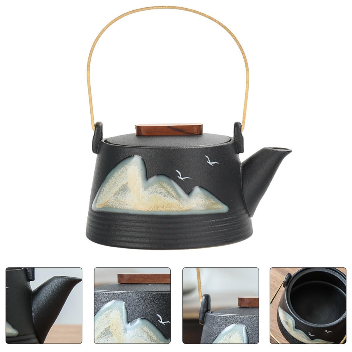 Tetera de Cerámica Negra Mango Frío para Hacer Té en Casa, Tetera Creativa Pintada a Mano Adecuado para Juego de Té Profesional