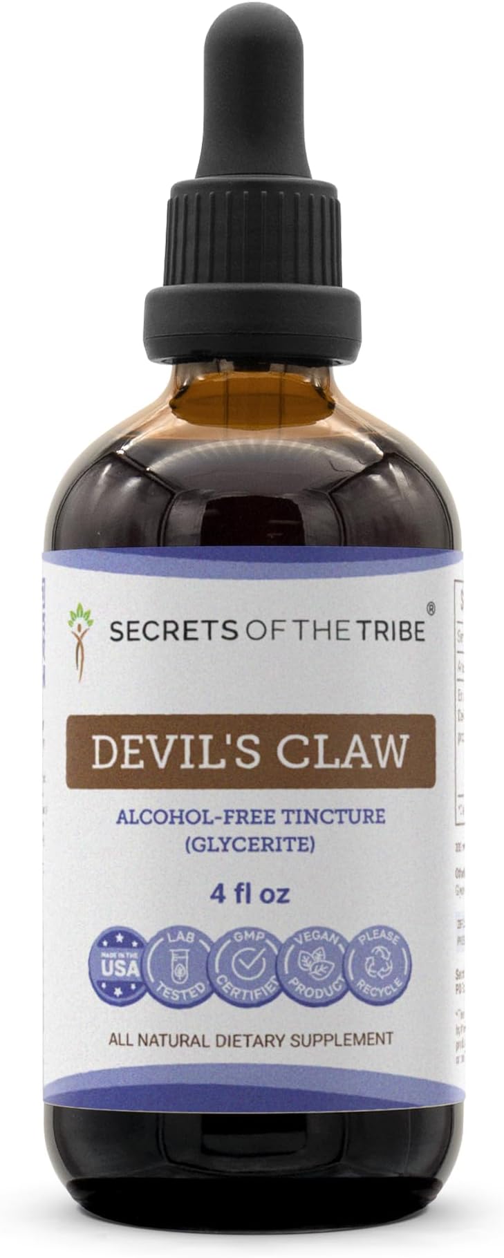 Secrets of the Tribe Devil's Claw Tincture Alcohol-Free Liquid Extract, Devil's Claw (Harpagophytum Procumbens) Dried Root 4 FL OZ