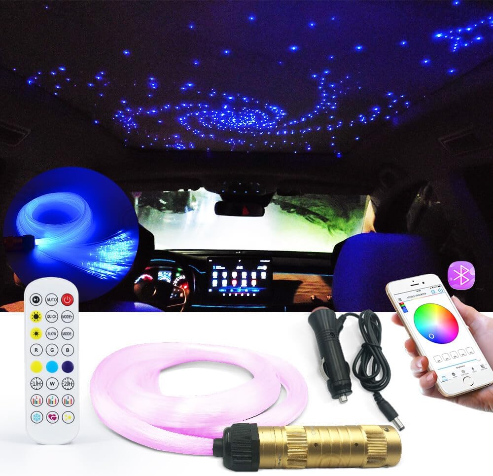 Smart App Controlled LED Fiber Optic Star Ceiling Lights Kit,Bluetooth RGBW Music Activated Fiber Optic Lights with 200pcs,6.5ft,0.75mm Optical Fiber Cables for Home/Car Ceiling Atmosphere Lighting