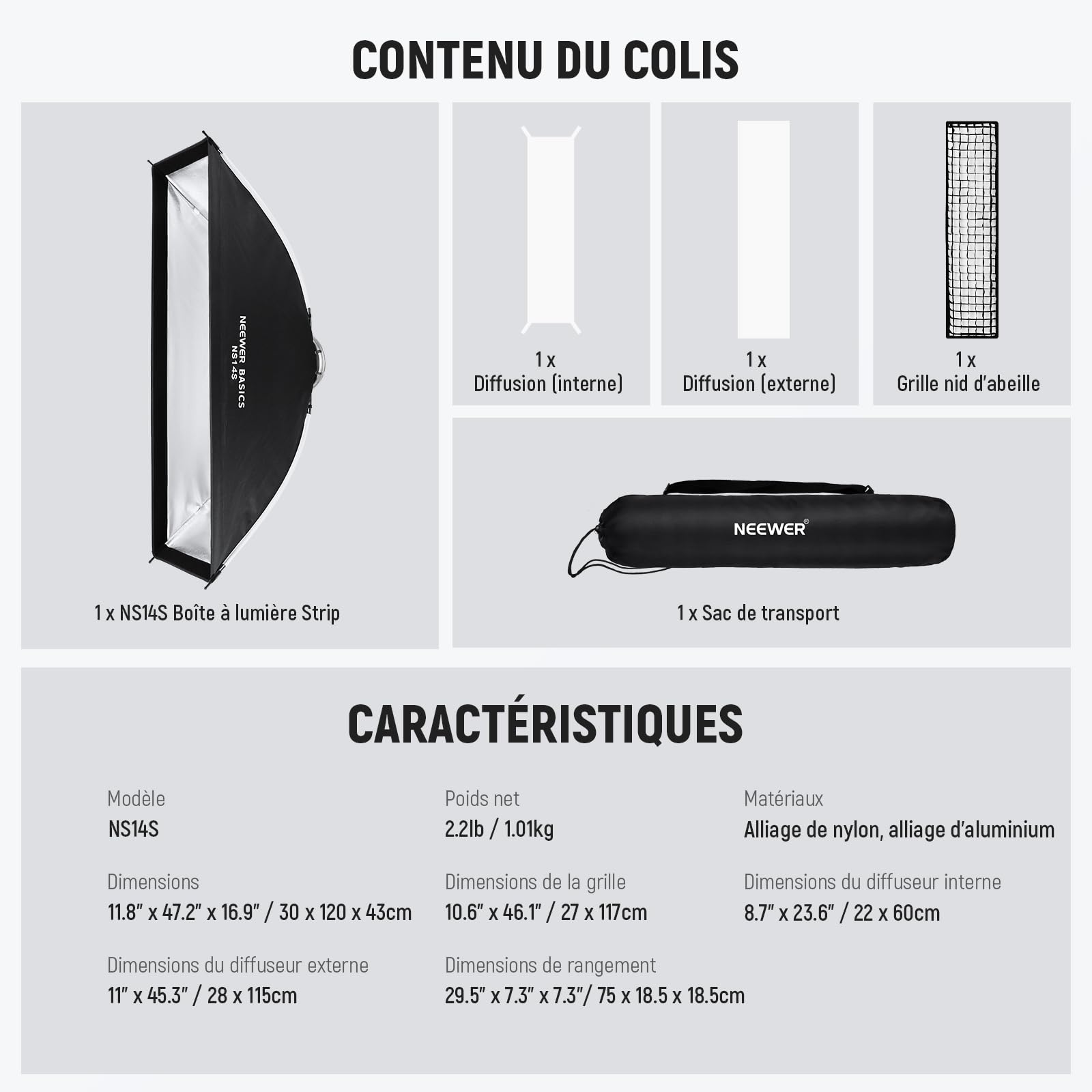 NEEWER Basics Kit Softbox Rectangulaire, 12"x47" Diffuseur Lumière à Mont Bowens Soft Box Dégagement Rapide, Compatible avec Godox, Compatible avec Aputure, Éclairage de Studio Photo et Vidéo, NS14S