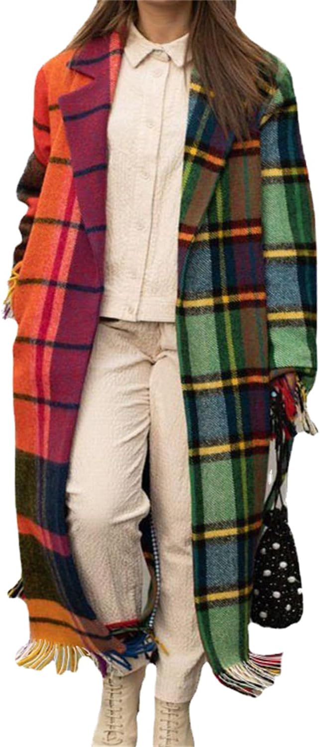 Manteau Long Femme Hiver Chaud Veste En Laine à Carreaux Manches Longues Chemise Longue à Revers à Bouton Vêtements D'extérieur Décontractée Ample