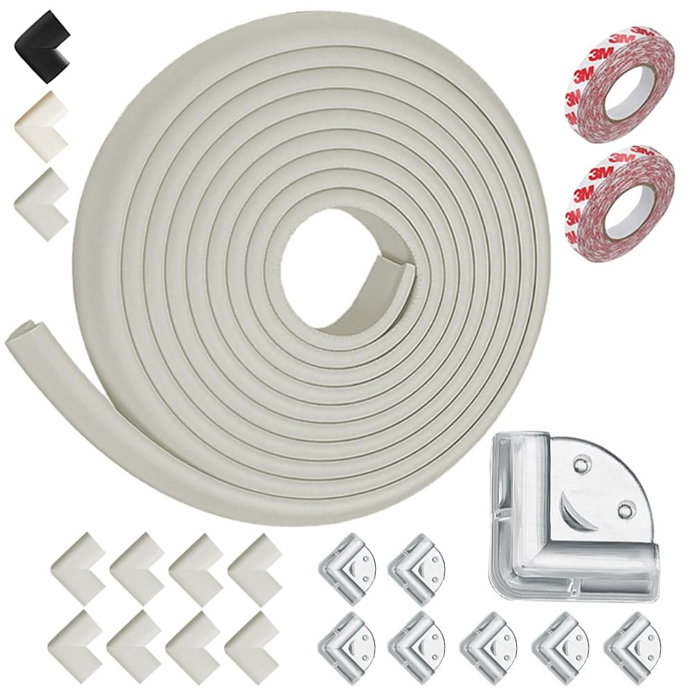 19PCS Baby Proofing Edge Protector Set (5m Roll + 8 Foam Corner Guards + 8 Clear Corner Protectors) | Safe & Thick Edge Bumpers for Baby Safety | Heavy-Duty Edge Guards for Home Furniture (Gray)