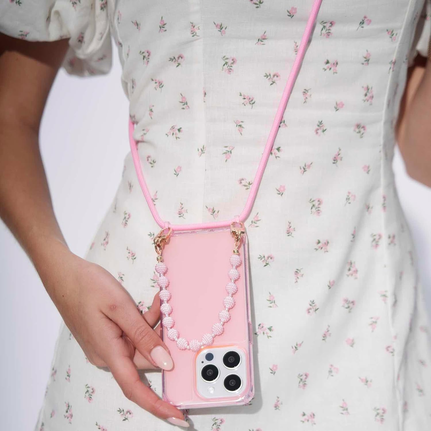 2-in-1 Magnetic Cherry Blossom Phone Case Strap Set, Crossbody Phone Lanyard with Beaded Wrist Strap, Pink, iPhone 15-16 Pro/Pro Max (iPhone 15 Plus)