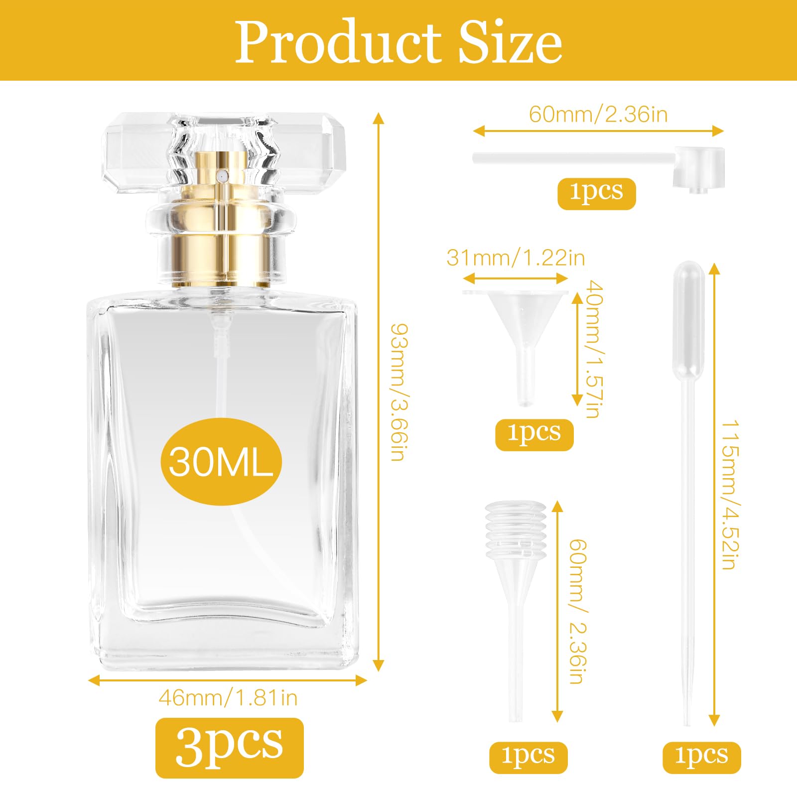 RVLZKCPG 3 rozpylacze do perfum, do ponownego napełnienia, 30 ml, szklane atomizery, puste butelki z lejkami, dozownik perfum