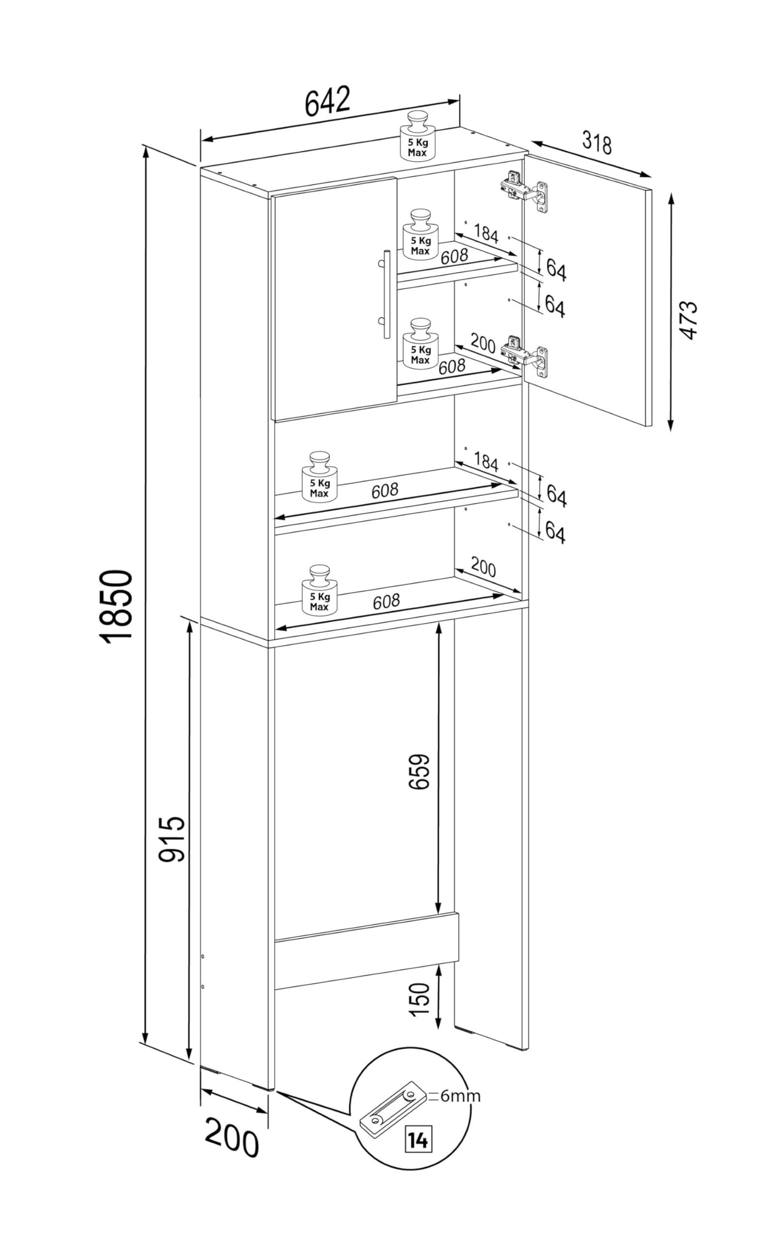 VCM Waschmaschinenschrank | Praktischer Überbauschrank mit viel Stauraum | Maße ca. B. 64 x H. 185 x T. 20 cm | Waschmaschinenregal für Bad und Waschküche | Waschmaschinenüberbauschrank- Jutas