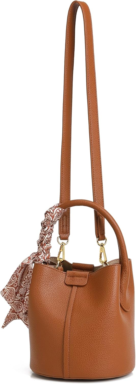 Women's small crossbody bag made of synthetic leather, mini bucket style shoulder bag with scarf, detachable shoulder strap