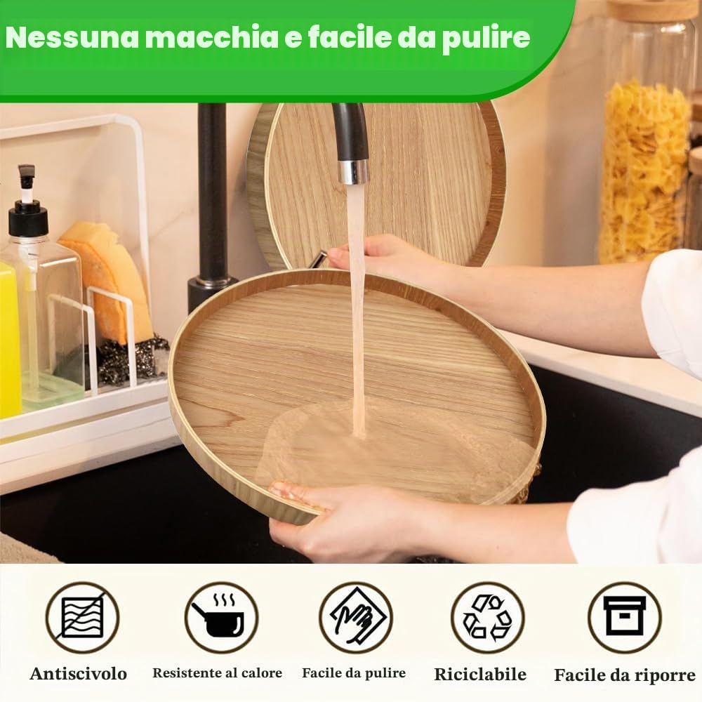 Vassoio Rotondo in Legno da 30cm - Piatto da Portata Tondo e Decorativo per Tè, Caffè, Frutta e Cibo