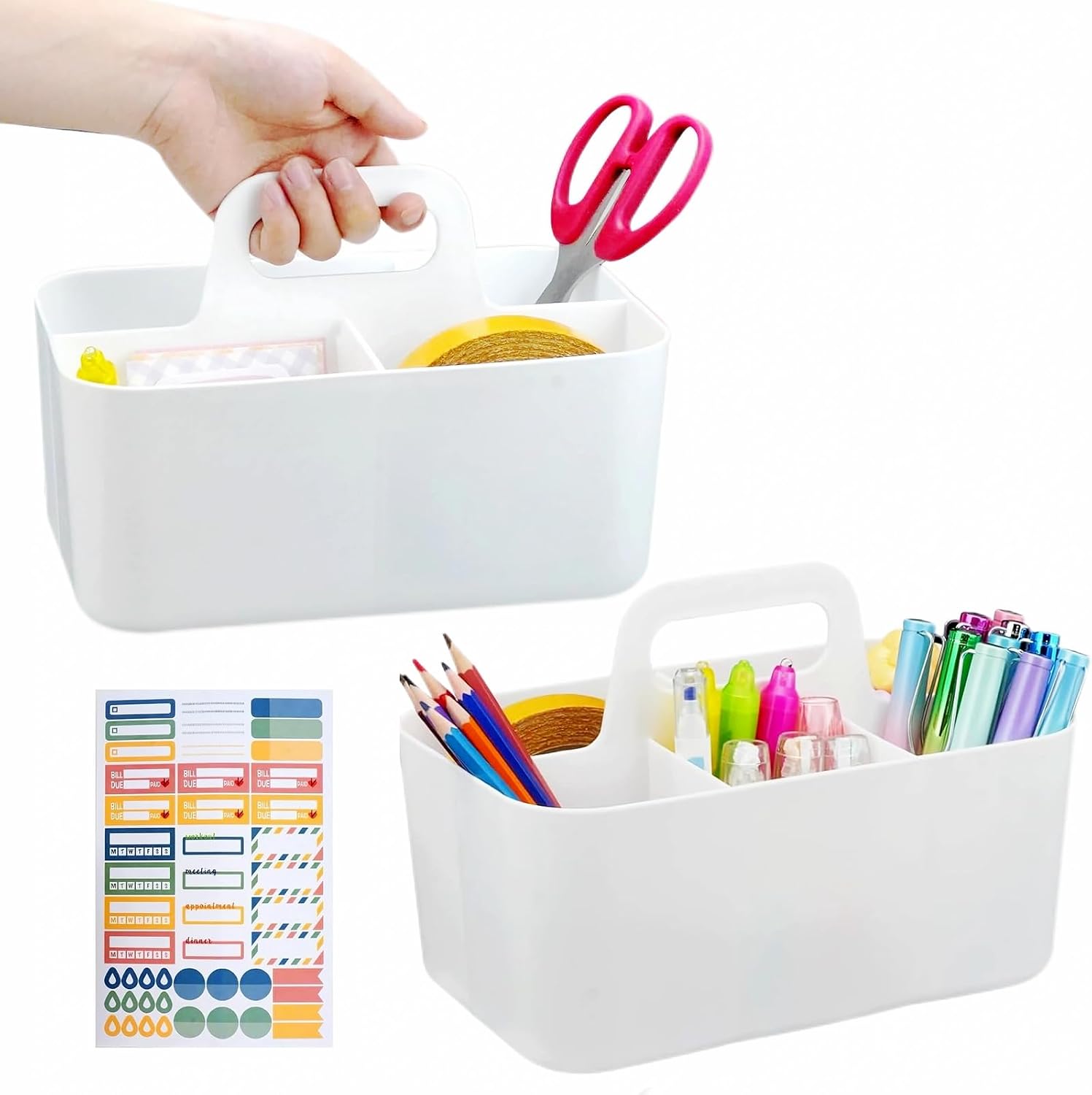 Desk Organizer with Handle, 2 Pcs Plastic 5-Compartmen Storage Caddy, Stackable Portable Container for Office, Bathroom, Craft, Cupboards (White)