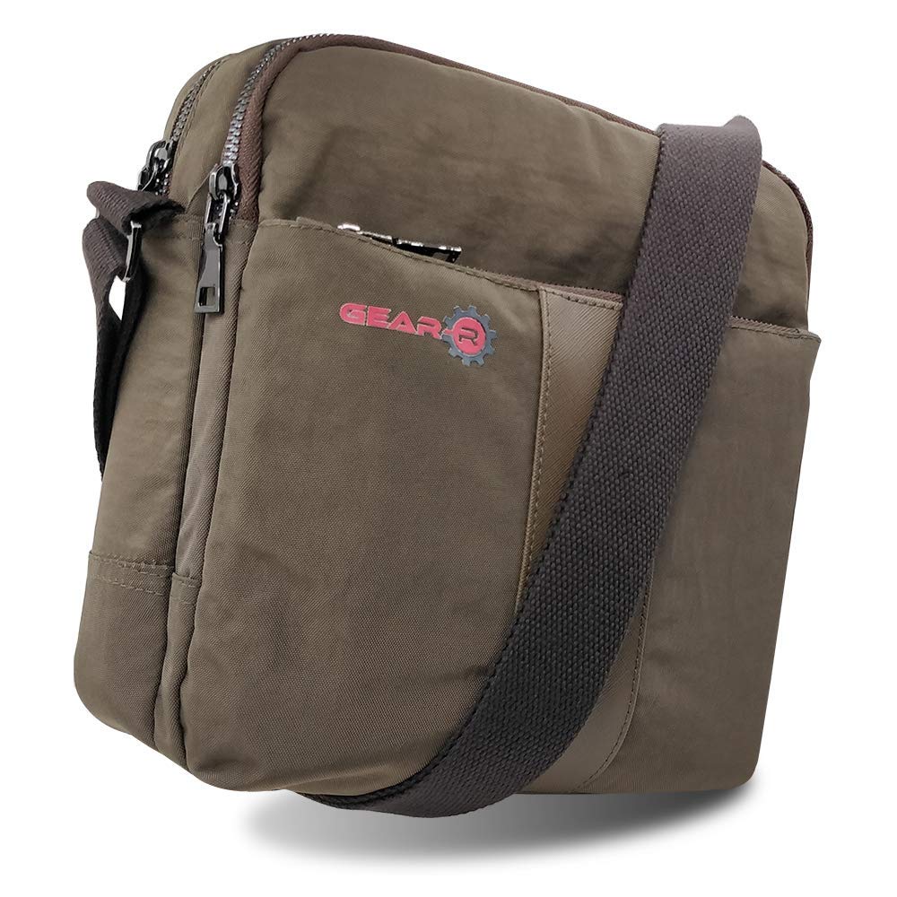 Gear-R - Messenger Bag Sling Crossbody Vertical Nylon Bag for Travel Office School Men Women - Fits iPad, Tablet, Notebook (Brown)