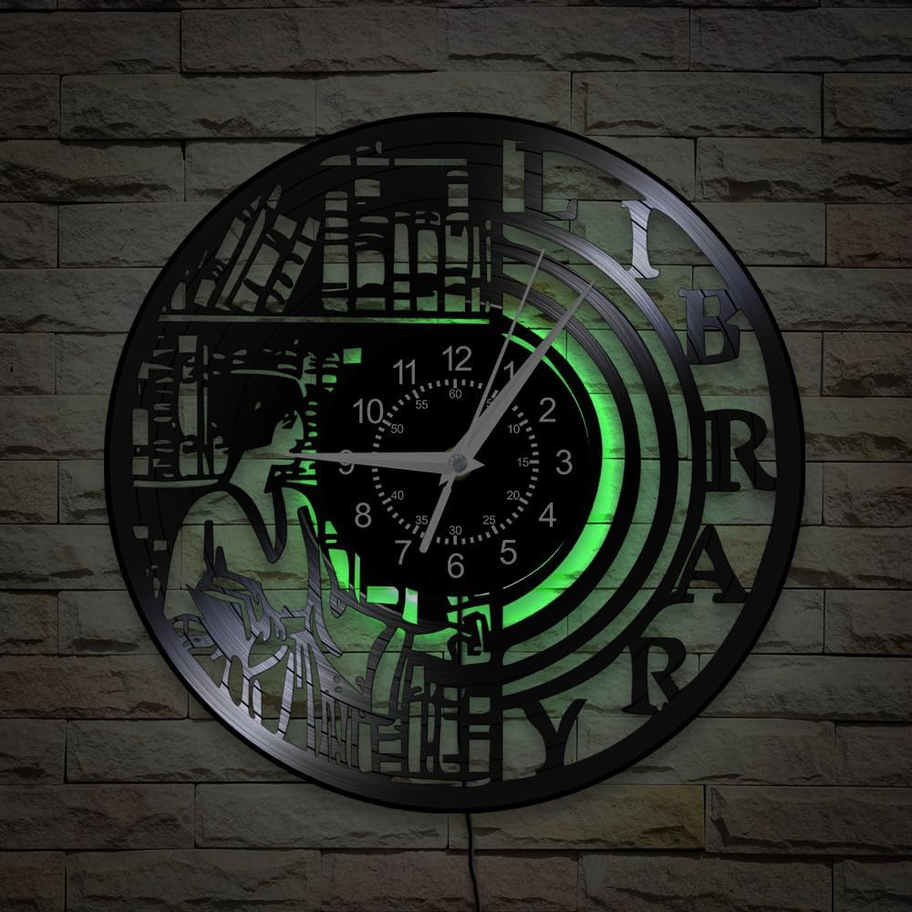 Library Clock Wall Decor, 12 Inch 7 Colors LED Night Light Wall Lamp Clock, Silent Quartz Non Ticking Modern Decorative Vinyl Record Wall Clock Watch for Study Room Bookworms Book Lovers Gift
