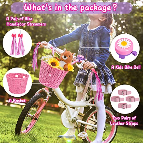 Bike Basket Kids, Pink Bike Basket Front Bike Accessories for Girl Boys, Woven Bicycle Basket with Stickers, Bike Bell, Windmill, and 1pairs Colorful Ribbons Tassels(Pink Basket) - Thumbnail 4