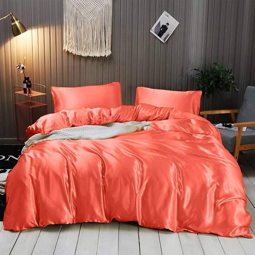 Silk Satin Comforter| Box Stitched | 300 GSM | Down Alternative Comforter | Luxurious Hotel Quality Quilt | Machine Washable | Ultra Soft Fluffy Bedding -(Twin/Twin XL Coral)
