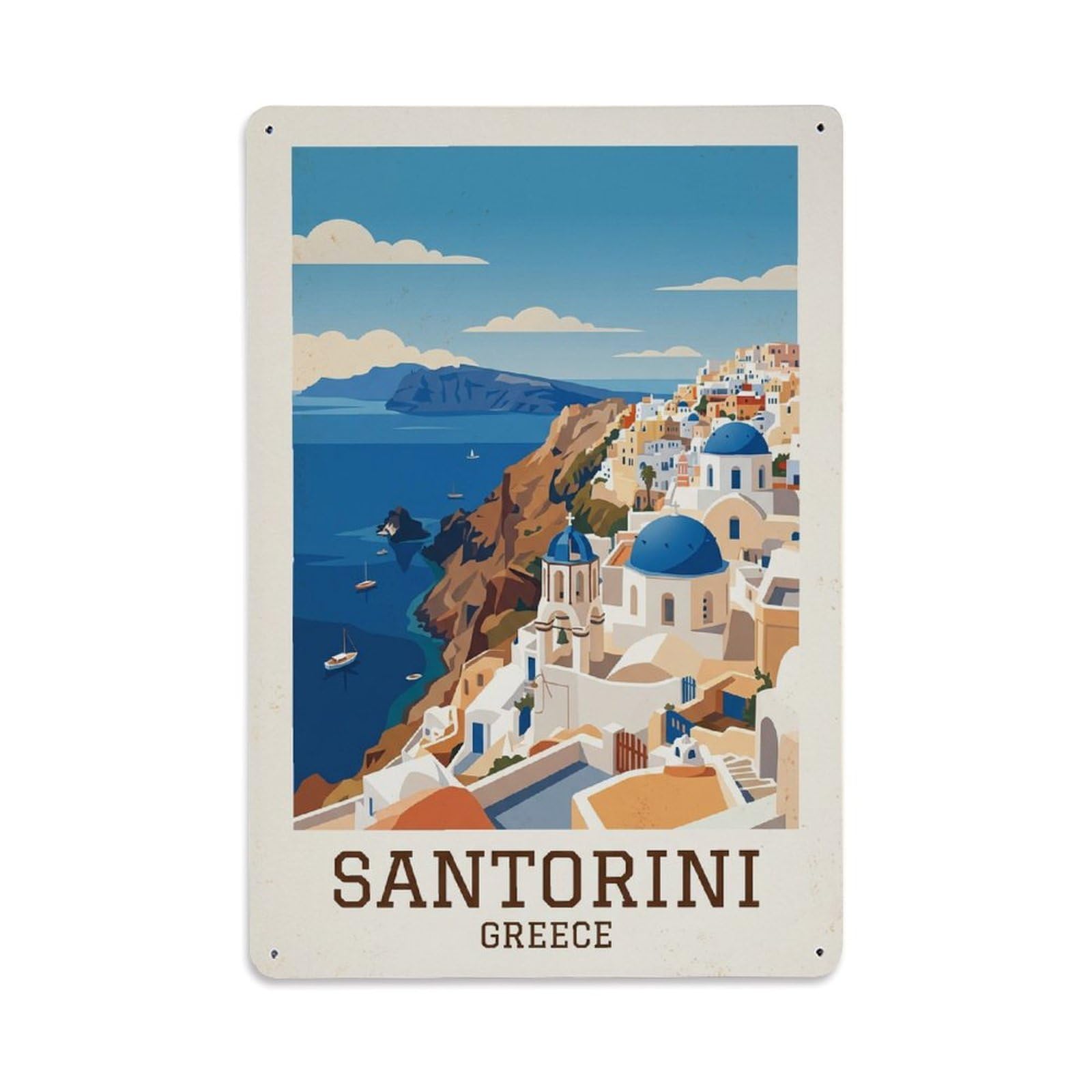 Fyrn Style Metal Tin Sign Vintage Travel Santorini Greece Coastline
