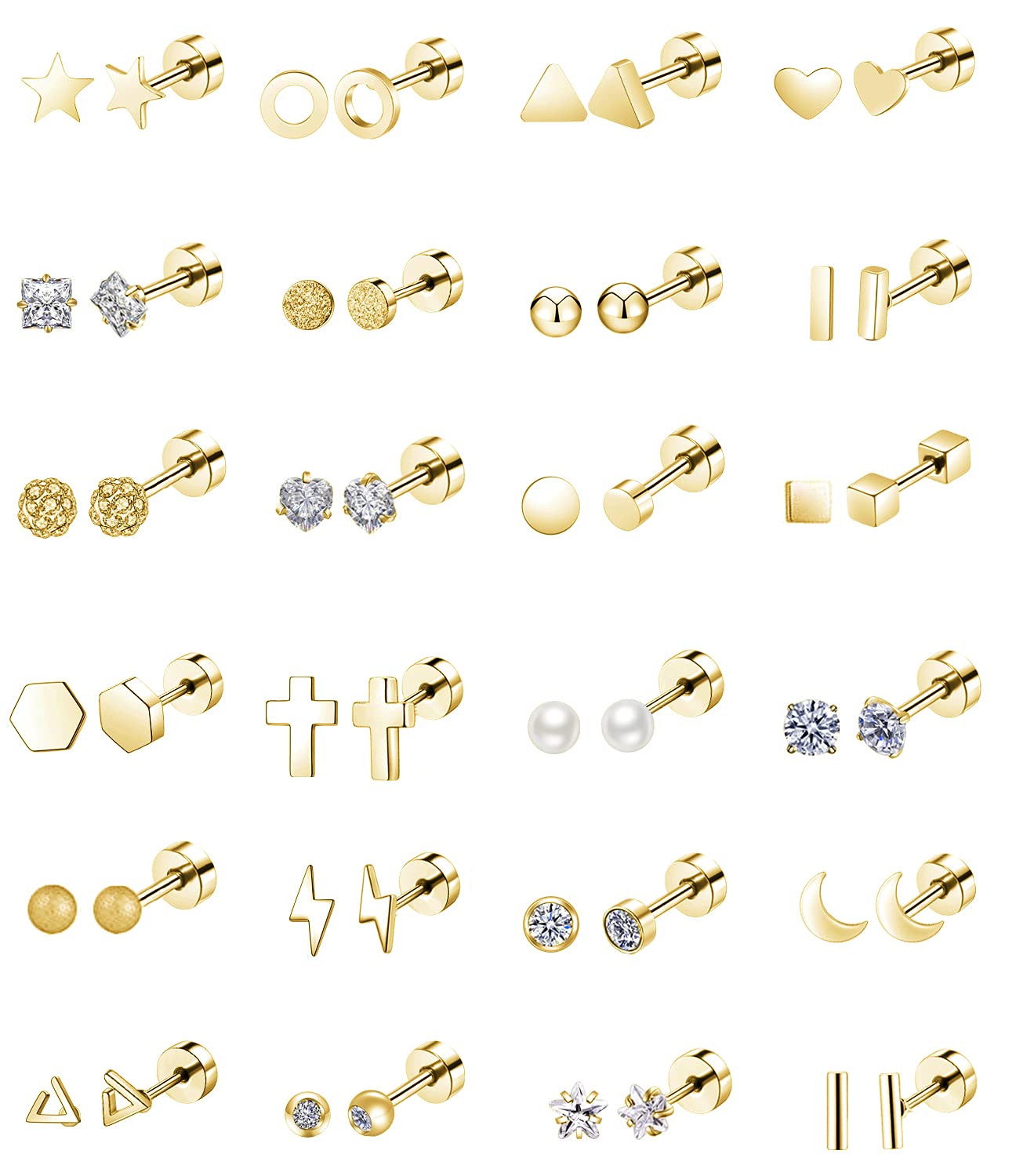 REVOLIA 24Pairs 20G Stainless Steel Tiny Stud Earrings for Women Men Star Moon Heart Cartilage Helix Tragus Earings CZ Ear Piercing Jewelry Set