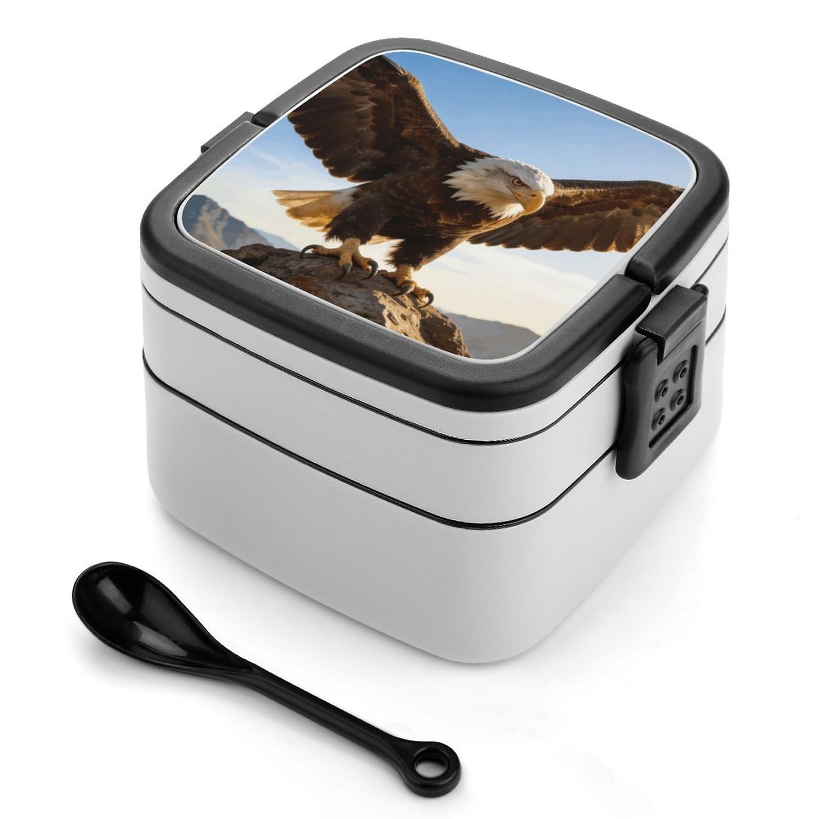 LZQPOEAS Fierce Eagle And National Flag Bento Box with Handle Spoon Portable Leak-Proof Lunch Box 1000 ML Large Insulated Adult Lunch Boxes 2-Layer Stackable Lunch Container for Work Gym Outdoor