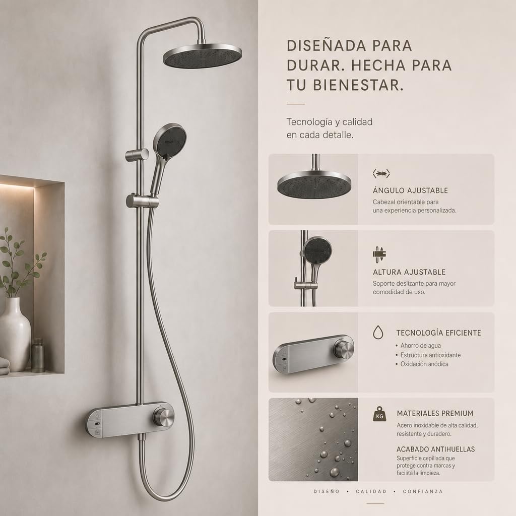 INEX EUROPA Columna de Ducha Negro Gris Titanio Premium Acero Inoxidable 10 Años Garantía - Columna Ducha Redonda Efecto Lluvia 3 Modos de Operación - Torre de Ducha 156cm Negro Gris Titanio