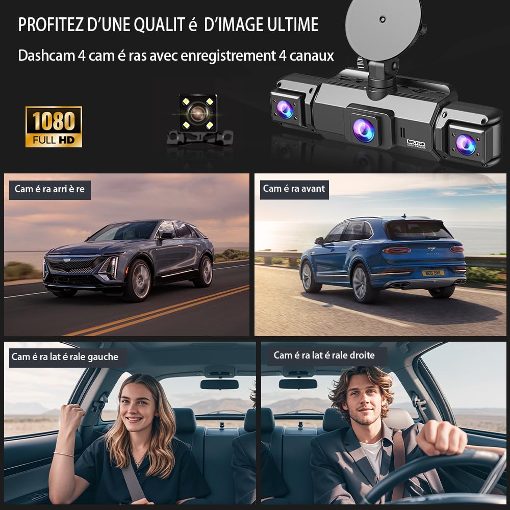 Dashcam 4 Caméras Enregistreur de Voiture - HD 1080P(Avant) 720P(Intérieur×2 & Arrière) sans WiFi 64GB Carte Mémoire, Écran IPS 3" Vision Nocturne (JLYJJS0101)