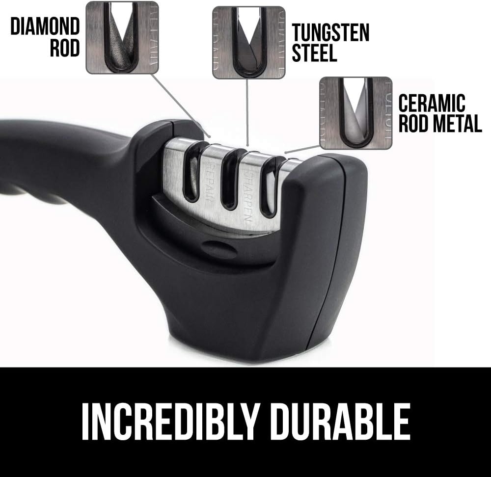 Gorilla Grip, Knife Sharpener for Sharper Knives, Professional Chef 3-Stage Design, Easy Manual Sharpening, Heavy Duty, Safely Restore, Polish and Sharpen Dull Chef Knives for a Sharp Edge, Jet Black: Home & Kitchen