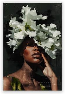Black Women Wall Art,Trendy African American Sexy Women with White Flowers Posters,Modern Oil Painting Poster Wall Decor Aesthetic for Girly Bedroom Living Room 8x12inch Unframed