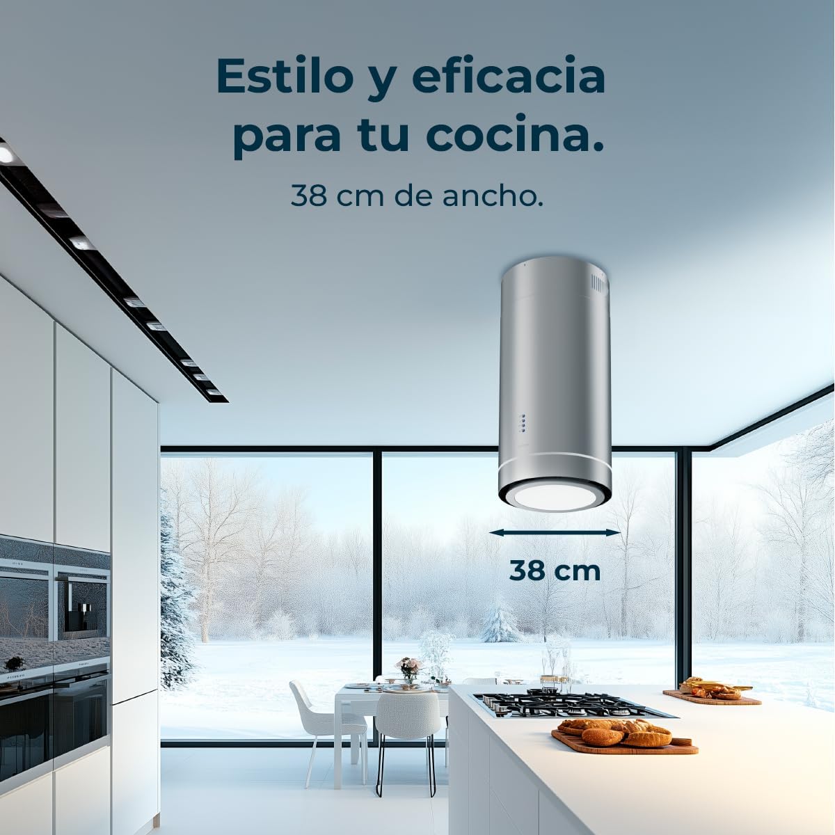 Samping view tina sungkup ekstraktor pulo Cecotec Bolero Flux Ire 388000 kalayan diménsi. Éta nunjukkeun jangkungna maksimum 126 cm sareng lébar 38 cm.