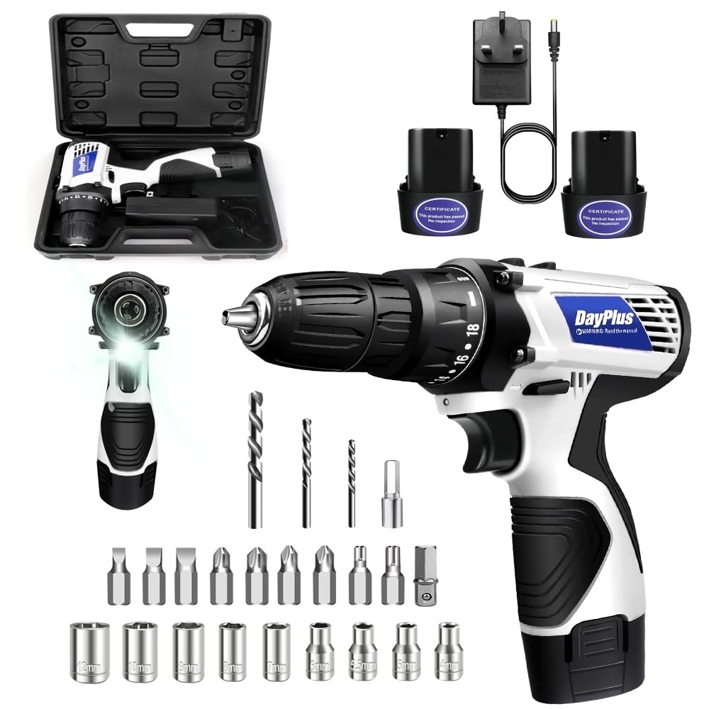 Cordless Drill Driver Power Combi Drill Kit Electric Screwdriver Set with 2-Speed, 18+1 Torque 3/8" Chuck Handheld Drills with 2×1500 mAh Li-Ion Battery, Carry Box, LED Work Light, 26PCS Drill Bits