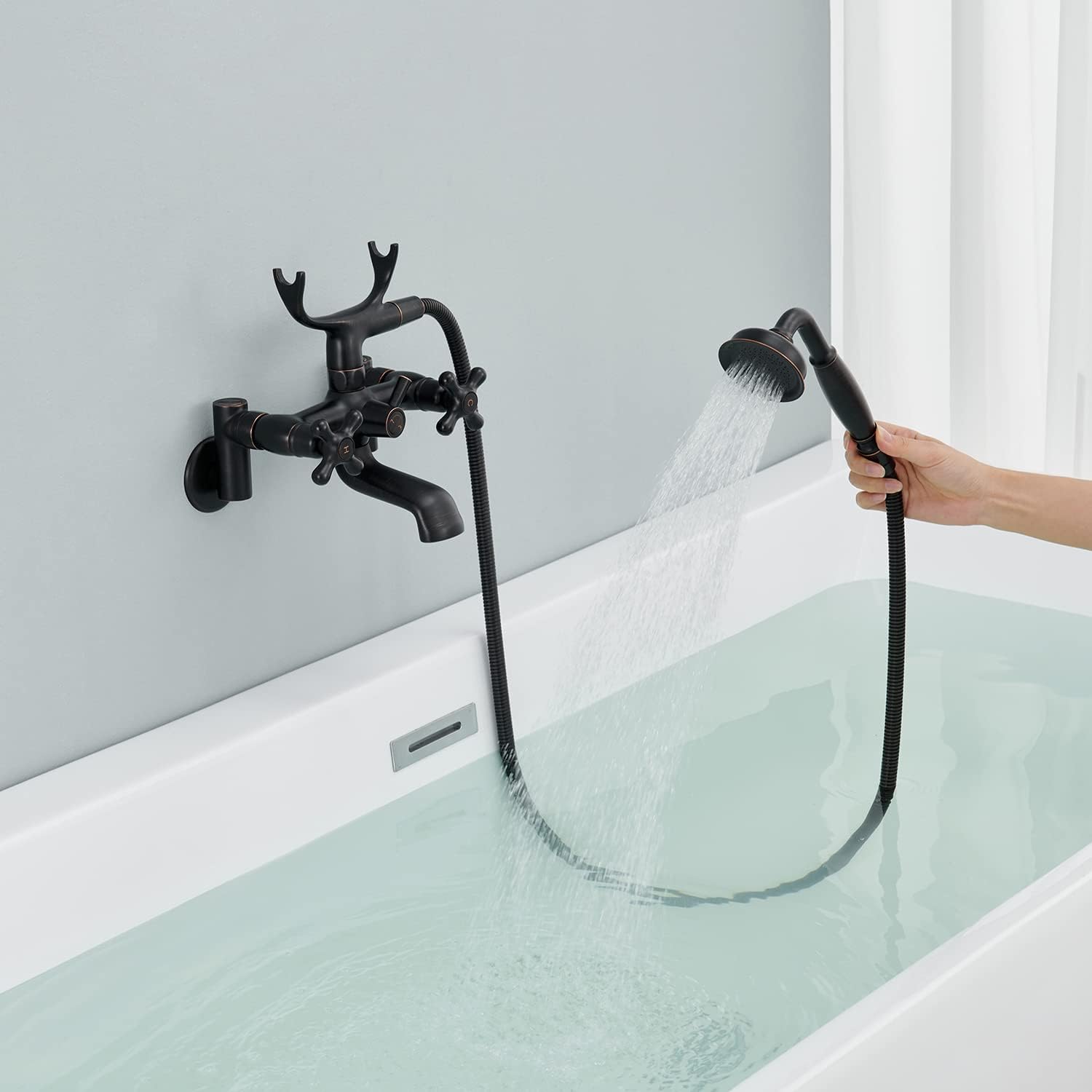Clawfoot Tub Faucet Wall Mount Tub Filler, Oil Rubbed Bronze Bathtub Faucets with Sprayer, Vintage Telephone Shaped, Adjustable 3 to 9 in Center