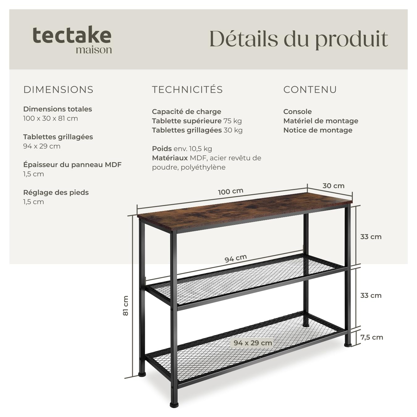 tectake® Console Meuble Bristol 100 x 30 x 81 cm, Style Industriel linéaire Cadre en Acier Robuste, Console Entree Meuble d'Entrée Couloir Salon Bureau, Décoration Maison, Couleur Bois Foncé