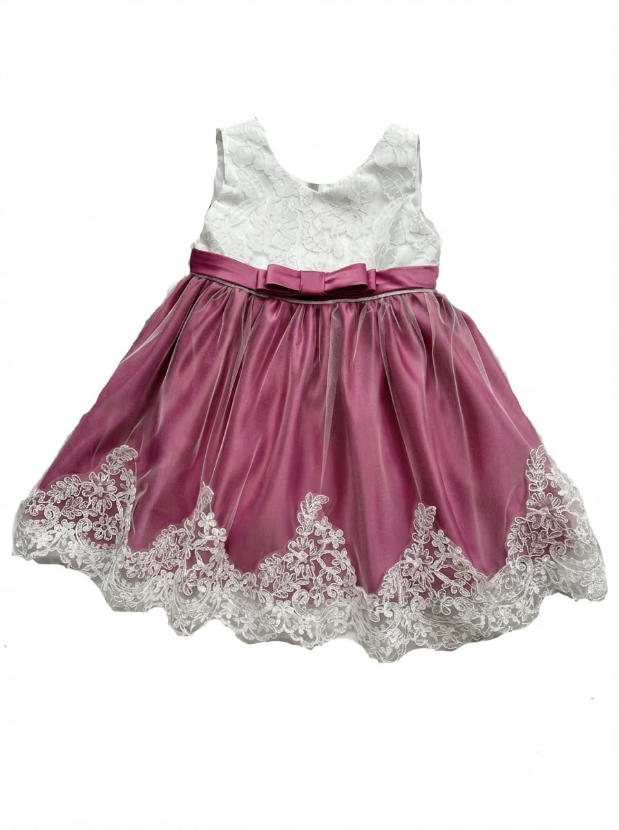 Elegantes Mädchen Kleid Rosie Dunkelrosa mit Spitze und Tüll - Ideal für Taufe, Hochzeit + Schleife