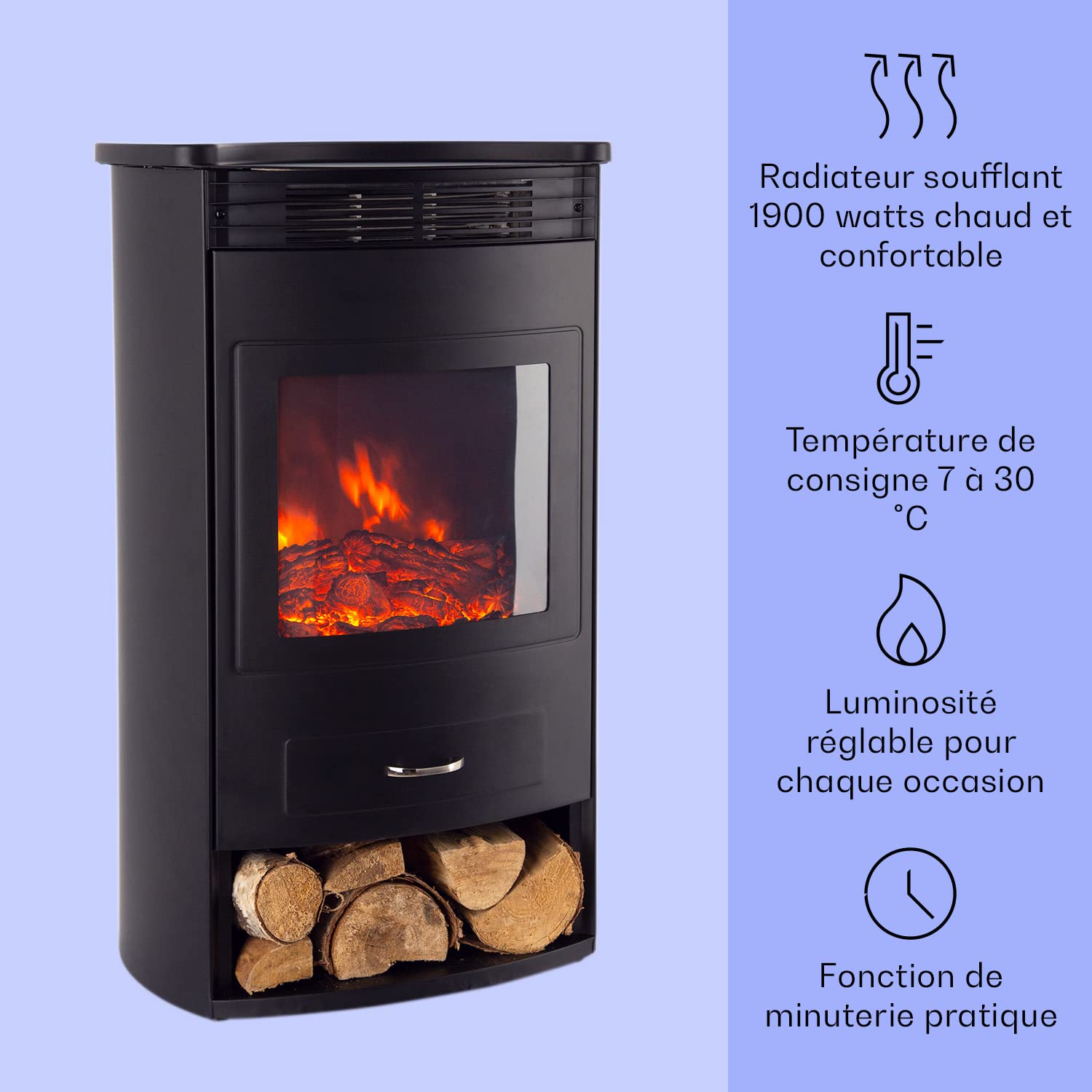 Klarstein Fausse Cheminée Electrique d'Intérieur, Chauffage de 1900W, Decorative Murale avec Effet Flamme en LED, Télécommande Inclus, Programmable, Minuterie, Thermostat Réglable