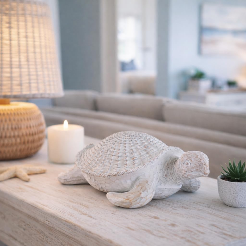 Coastal Resin Sea Turtle Figurine for Bathroom & Living Room Decor - Textured Tabletop Accent for Coffee Table or Shelf Display - Nautical Beach-Inspired Sculpture for Home Styling - 5", White