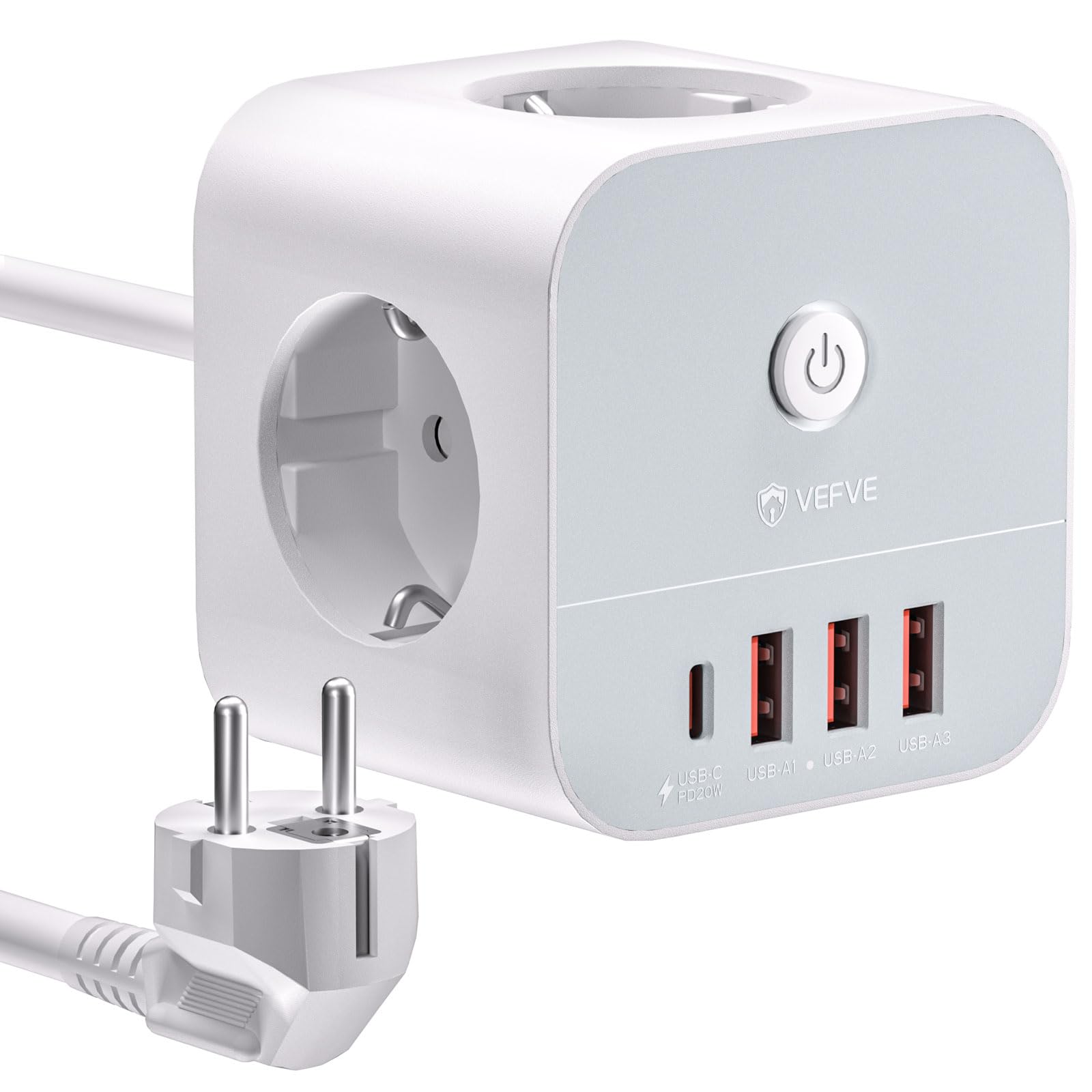 VEFVE Ciabatta con cavo, 7 in 1 cubo, presa multipla con USB C 20 W, 3 prese, 1 USB-C e 3 USB-A, 3680 W con interruttore, cavo di prolunga da 5 m