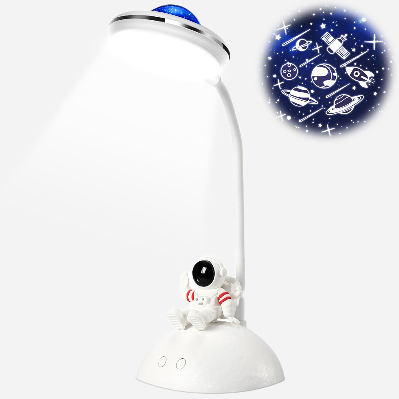 Lampe de bureau pour enfants - Astronaute - LED - Avec support pour téléphone portable et projection - Niveau de luminosité variable - Rechargeable - Protection des yeux - Lampe de lecture