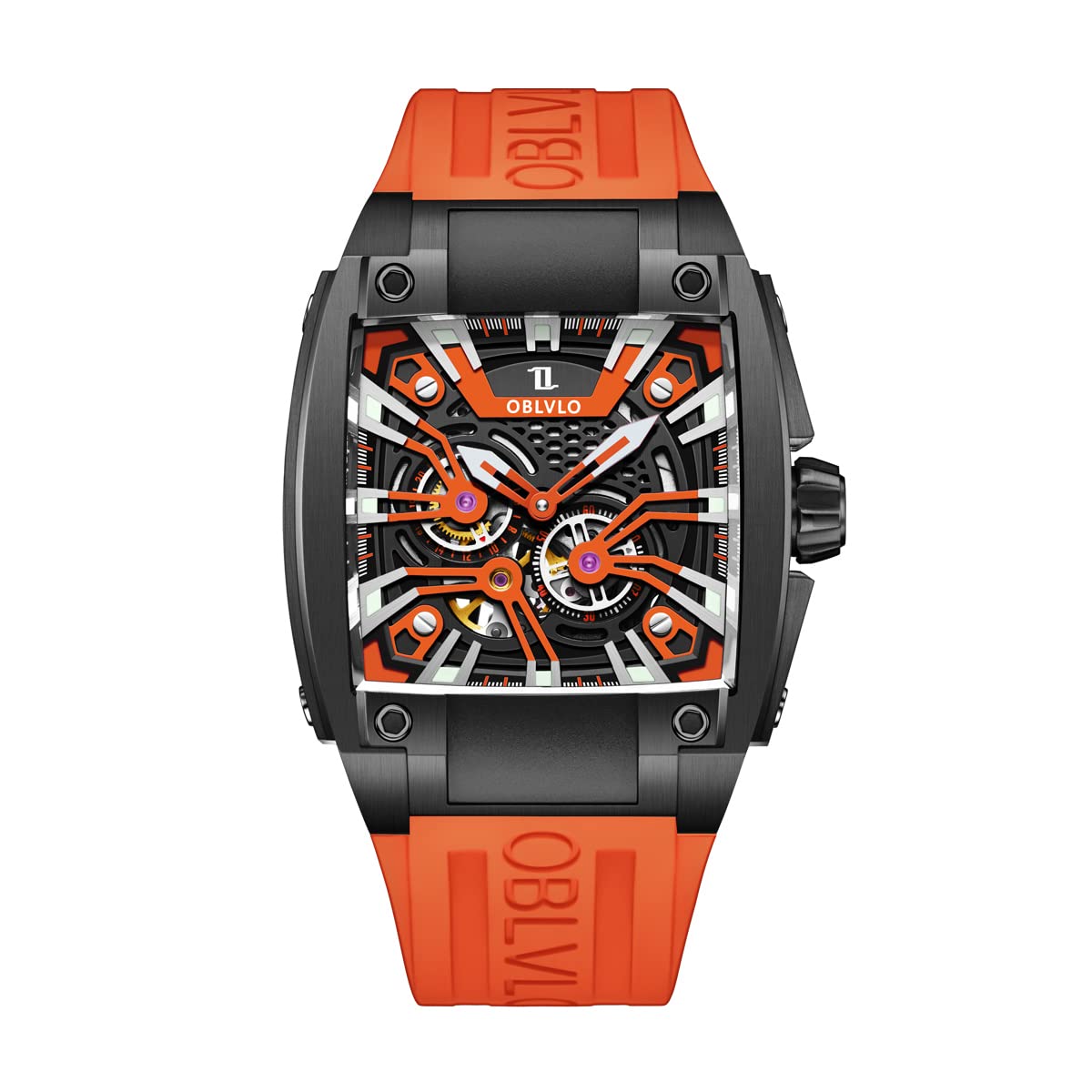 OBLVLO Men Super Luminous Automatic Watches Sport Luxury Watch Square Skeleton Mechanical Rubber Strap Watches GM, Gm-bbo, Mechanical