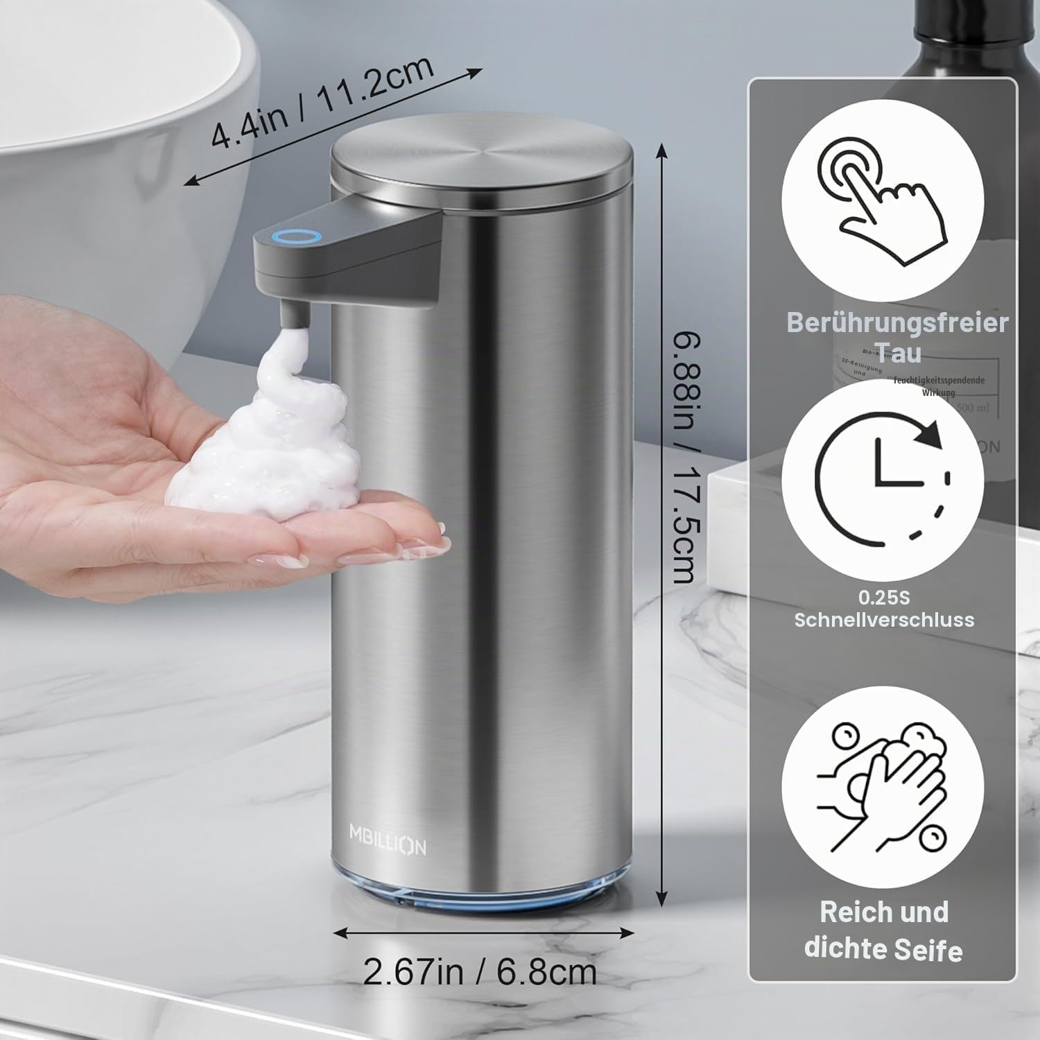 Mbillion Automatischer Seifenspender Berührungsloser Schäumender Seifenspender USB Wiederaufladbarer Spender Elektrisch 5 Stufen Einstellbare Schaumseifenspender Pumpe für (Silberfarben)