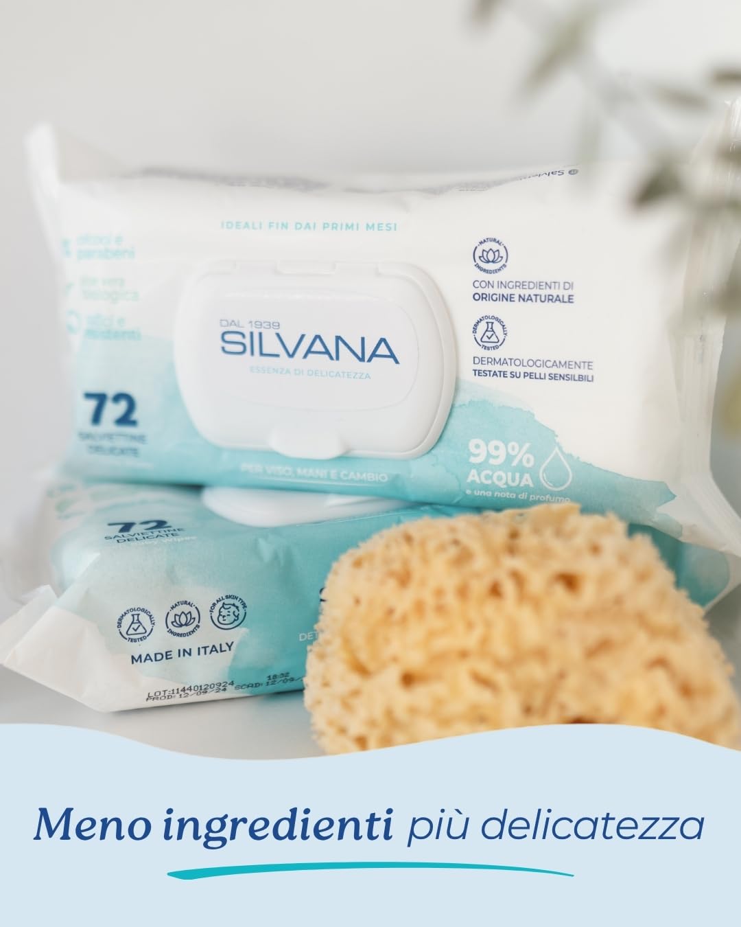 Silvana Salviettine Delicate per neonati e bambini – 99% Acqua– Pelli Sensibili – Senza Alcol (24 confezioni da 72)