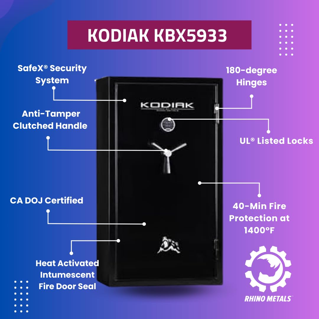 Kodiak Gun Safe for Rifles & Pistols, KBX5933 by Rhino Metals with New SafeX Security System, 46 Long Guns & 6 Handguns, 40 Minute Fire Protection, Door Organizer for Handguns & Ammo, 470lbs