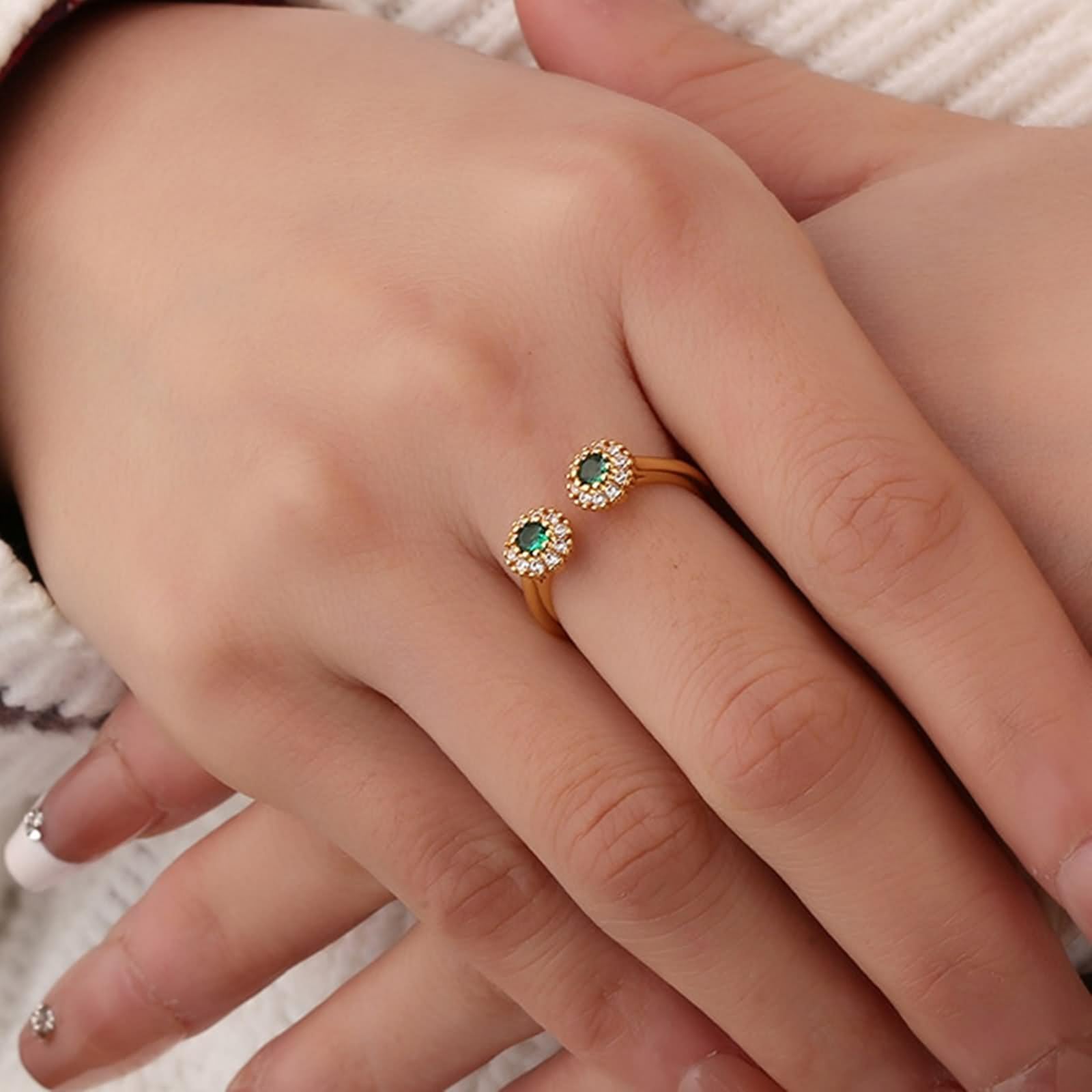 Delicado anillo para mujer, anillo de boda abierto, anillo de flores, ajustable con verde de corte redondo en laboratorio, esmeralda, oro amarillo